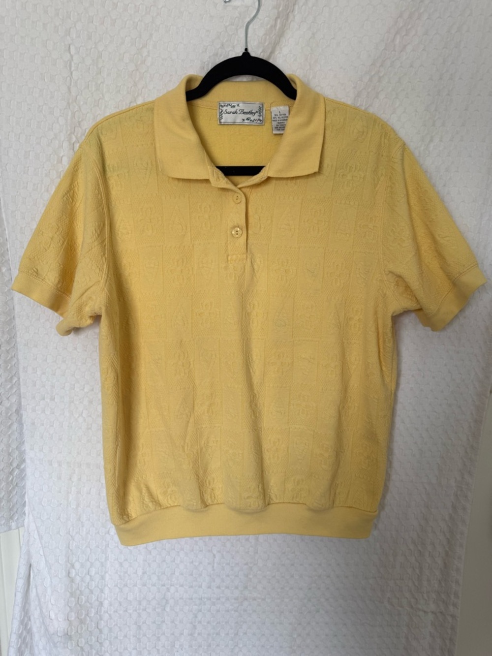 Vintage Sarah Bentley Yellow Textured Polo Top Embossed Floral Size L